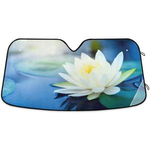 Car Windshield Sunshade Beautiful Lotus Flower Pattern, Blocks Sun Visor Protector Foldable Sun Shield Keep Your Vehicle Cool, Fits Windshields of Most Sizes (White)