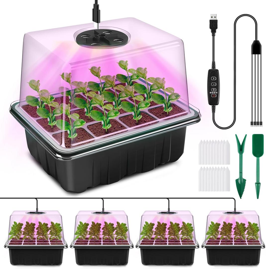 YAUNGEL Seed Starter Tray with Grow Light, 4 Pack Seed Starter Kit with Timing Controller Adjustable Brightness, Thicken Seedling Starter Trays with Humidity Domes Heightened Lids, Black