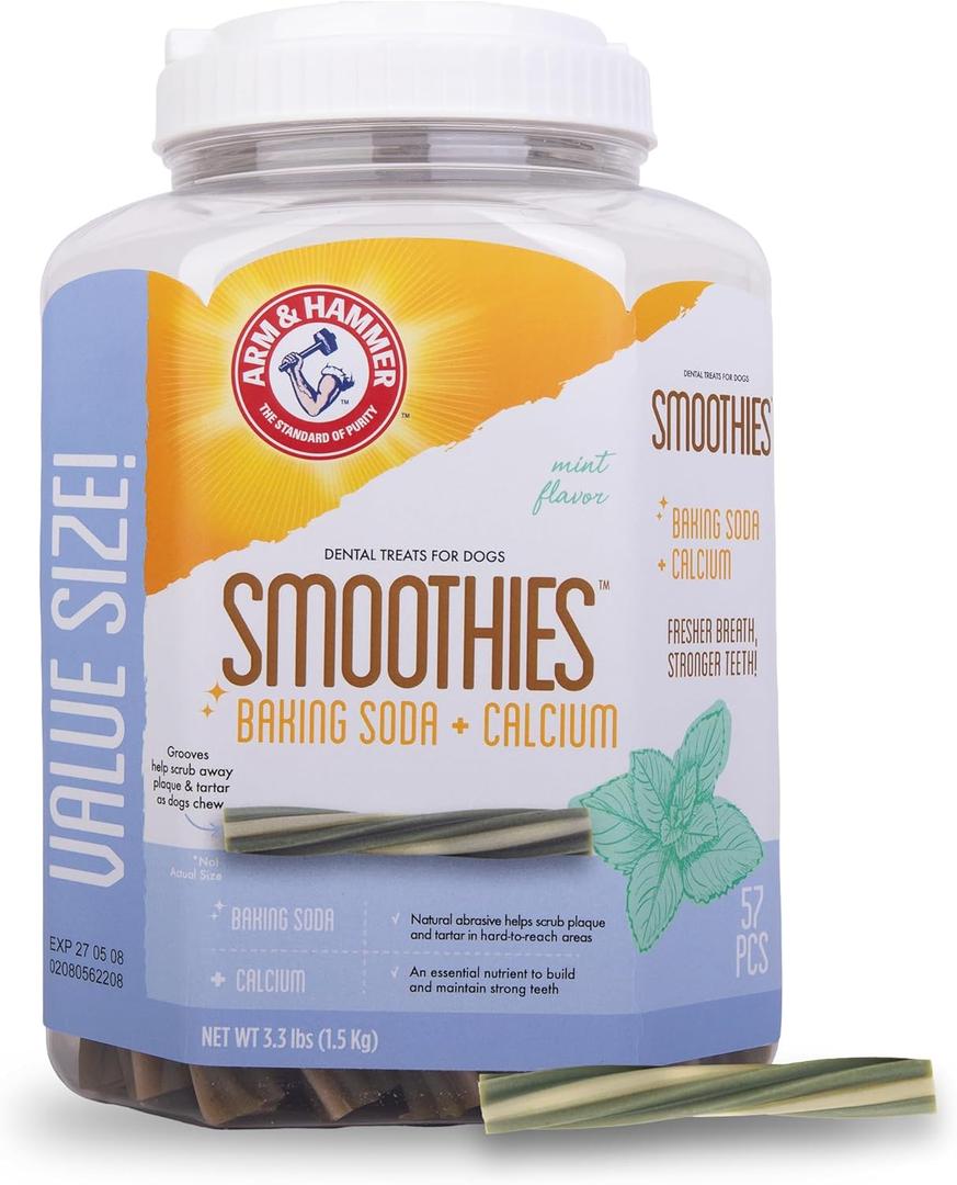Arm & Hammer for Pets Smoothies Dental Treats for Dogs with Baking Soda and Calcium, Treat Chews Help Fight Bad Breath, Plaque & Tartar without Brushing, Mint, 57 Pcs (Packaging may vary) (52.8 Ounce (Pack of 1))  BBD :2-27- 25