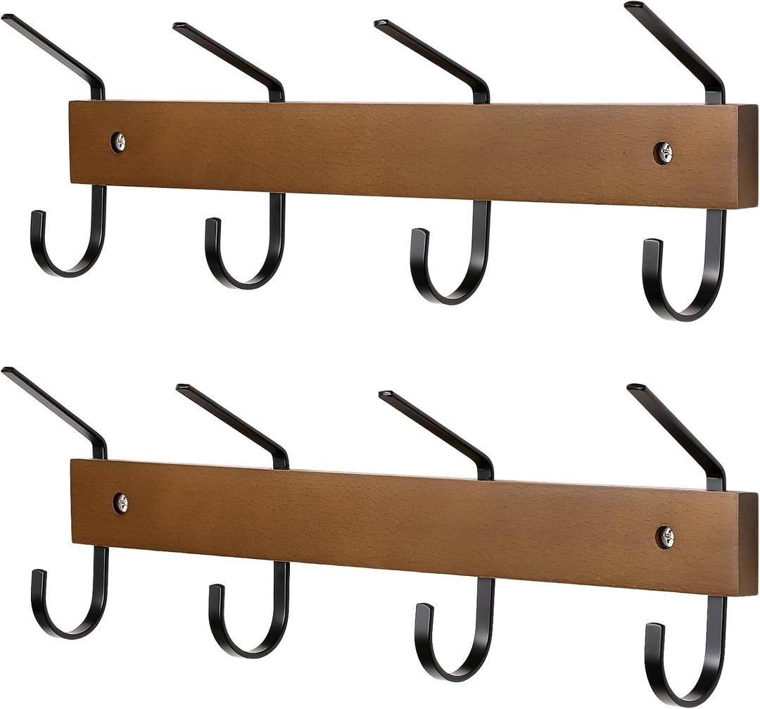 SCUNDA 2 Pcs Wall Coat Rack with Hooks, Wooden Wall Mount Coat Rack with 4 Hooks, 13.4 inches Coat Hooks for Wall, for Hanging Coats, Keys, Towels, Hats for Entrance Hall, Bedroom, etc.(Brown)