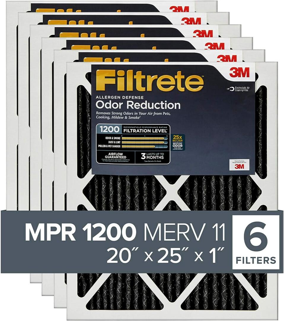 Filtrete 20x25x1 Air Filter, MPR 1200, MERV 11, Allergen Defense Odor Reduction 3-Month Pleated 1-Inch Air Filters, 6 Filters