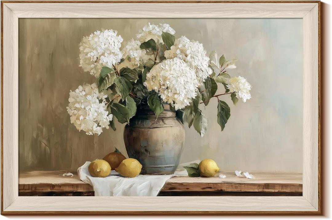 InSimSea Large Framed Wall Art Canvas Print Home Decor White Hydrangea Oil Painting Pictures Room Aesthetic Flower Lemon Prints Farmhouse Decoration Bedroom Bathroom Decor Kitchen Office 24 x 36 Inch