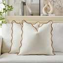 Scalloped Throw Pillow Covers Set of 2 for Living Room, Cotton & Linen, Boho Sytle Decorative Home. Fabric Feels a Little Stiff, Because Scalloped Edges Require (Beige & Brown, 26x26 Inch)