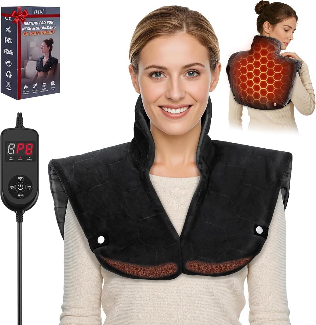 UTK 30s Fast Heating Pad, 6X Deeper Far Infrared Heating pad for Neck and Shoulders Pain Relief, 8 Heat Settings, 4H Auto-Off, Extra Large 24"x20" with Adjustable Strap, Mothers Gifts for Women