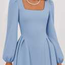 ZESICA Women's Long Sleeve Midi Dresses 2026 Fall Square Neck Swing A Line Wedding Guest Evening Prom Dress (Blue, L)