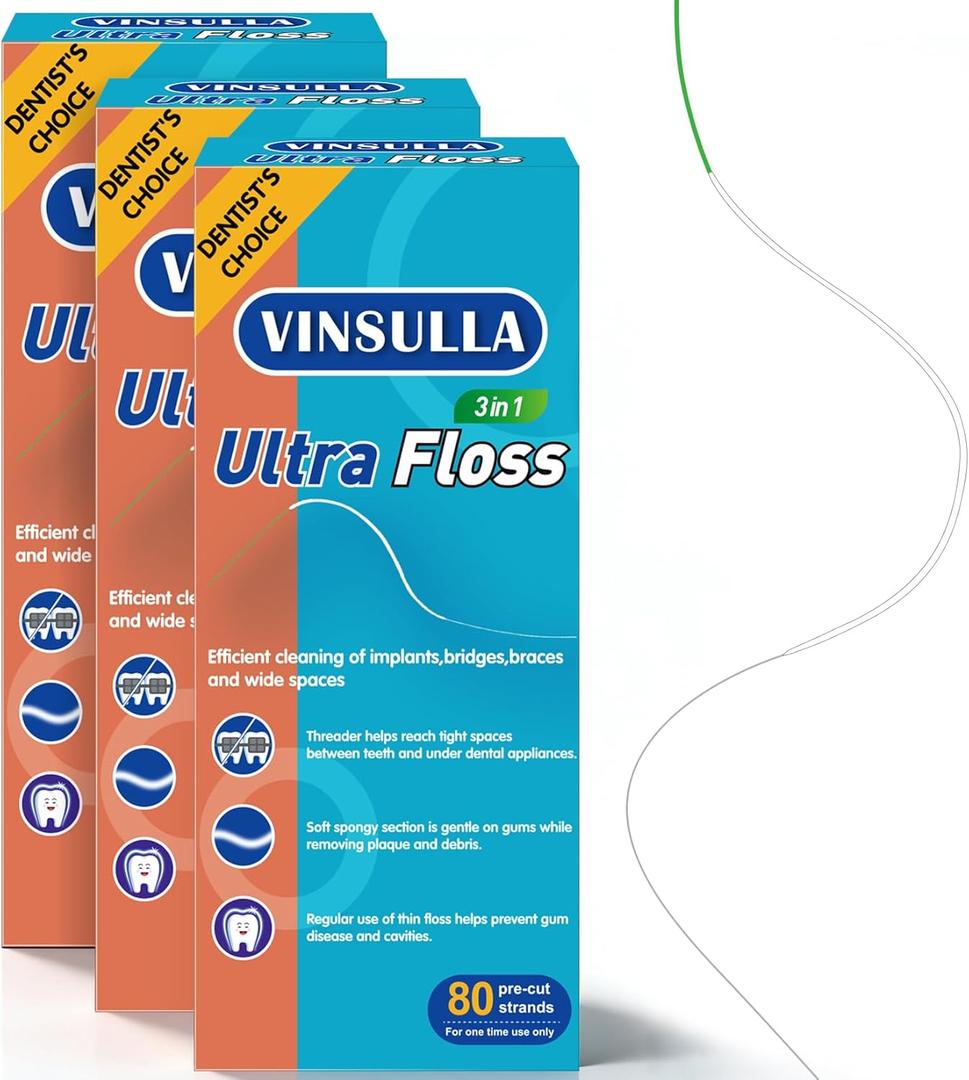 VINSULLA Dental Floss for Braces, Bridges & Implants, 3-in-1 Floss Threader, Spongy & Regular Floss, PFAS & PTFE-Free, 240 Pre-Cut Strands (Pack of 3)