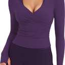 YEOREO Ease Women Workout Wrap Top Long Sleeve with Thumb Holes V Neck Basic Shirts for Yoga Pilates Going Out Shrug Blouse, M