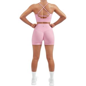 SUUKSESS Women Seamless 2 Piece Workout Sets Criss Cross Sports Bra High Waist Booty Shorts (Medium, Pink)