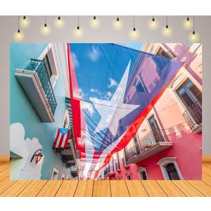 BELECO 8x6ft Fabric Puerto Rico Backdrop National Flag Above The San Juan Street Background Puerto Rico Party Decorations Patriotic Banner Photoshoot Booth Studio Props