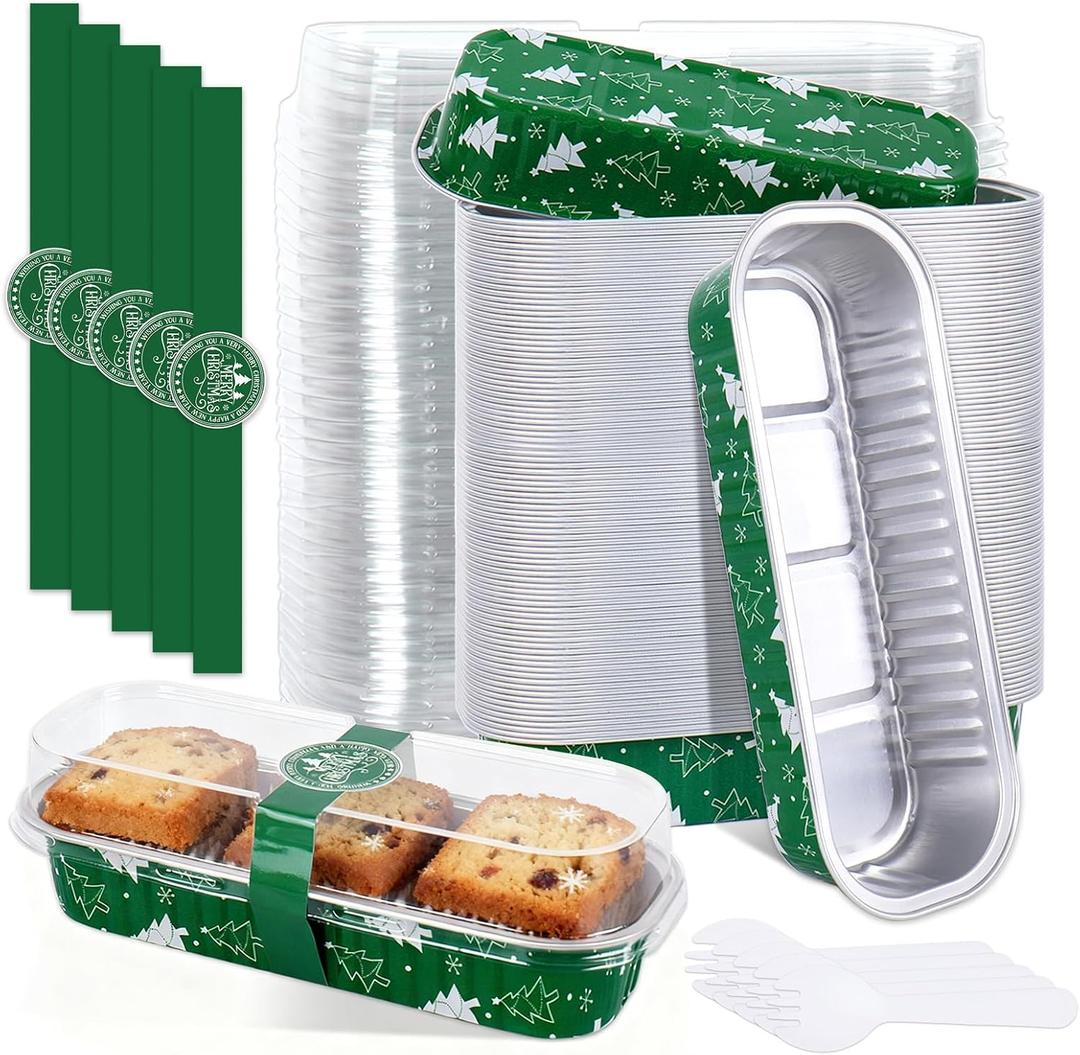 FYSUIMU 100 Pcs Christmas Mini Loaf Pans with Lids and Forks 6.6 x 2.6 x 1.2 Cake Pans Green Xmas Tree Rectangular Aluminum Foil Baking Pan for Muffin Ramekins Party Picnic Supplies
