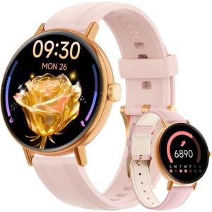 Smart Watches for Women,1.27" HD Fitness Tracker Answer/Make Call, Heart Rate/Sleep/SpO2Round Smart Watch for iPhone/Samsung/Android,IP68 Waterproof110+ Sport Mode-Pink(2 Bands)
