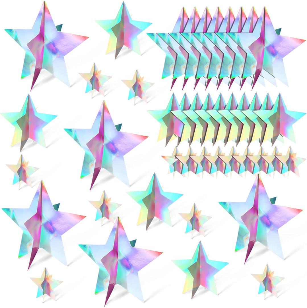 45 Pcs 3D Glitter Star Decorations Back to School Work Stars Centerpiece 3 Sizes Standing Hanging Decor for School Centerpiece Starry Movie Night Themed Party Decor(Rainbow,Iridescent)