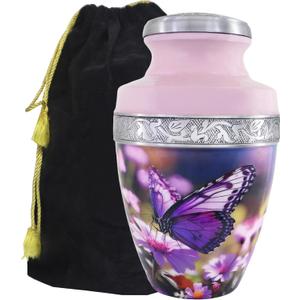 M MEILINXU Urn for Ashes for Woman & Male, Cremation Urns for Human Ashes Adult Female or Man, Burial Urns with Butterflies, Decorative Urn for Funeral, Purple Butterfly and Flowers - Large