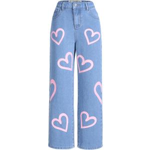 OYOANGLE Girl's Cute Heart Print Elastic Waist Straight Leg Jeans Trendy Denim Pants Blue 12Y