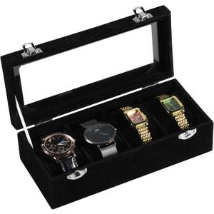 4-Slot Watch Box,Velvet Watch Case with Glass Lid,Watch Organizer Box for Men and Women,Lockable Watch Storage,Watch Display Case,Ideal Gift (Black)