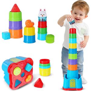iPlay, iLearn Baby Stacking Toys, Toddler Nesting Stack Cups, Infant Stackable Block, Kids Sorting Game W/Shape Sorter for Sand Bath, Birthday Gift for 12 18 24 Month 1 2 3 Year Old Boys Girls