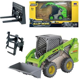 Gemini&Genius Skid Steer Loader Construction Truck 3 in 1 with Metal Forklift and Grab Shovel Construction Vehicle 1/50 Scale Alloy Wheeled Loader Toys for Kids(Wheeled/Green)