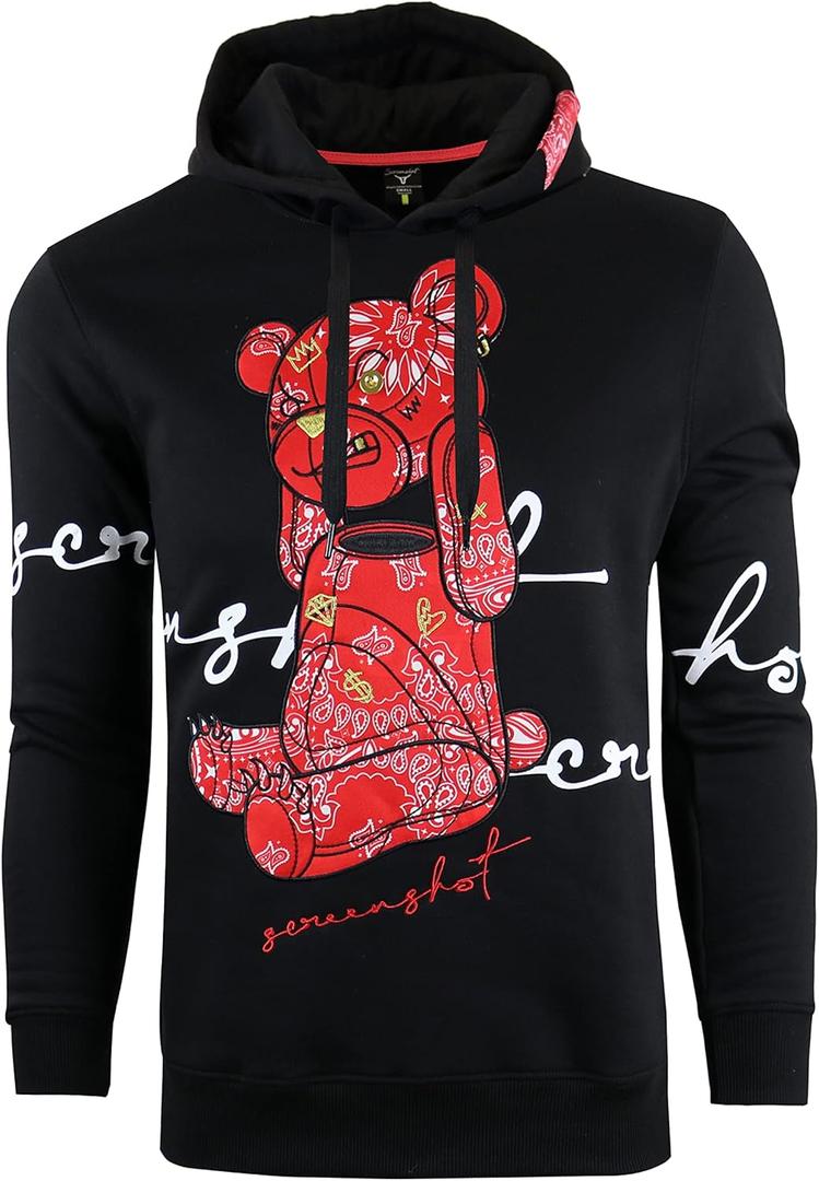 SCREENSHOT Mens Urban Premium Fleece Hoodie - Animation Cartoon Character Embroidery Patch Gel Print Hooded Sweatshirt (3X-Large, Black/Red)