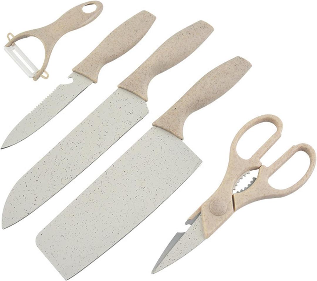 ZINC WEALD Boxed Kitchen Knife Set Block Wheat Straw blades Nonstick for Kitchen Cutting Meat Scissors Ceramic Peeler for Slicing Paring Fruits Vegetables (Beige)