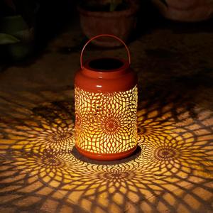 Solar Lantern Outdoor Waterproof Orange Metal Hollow Out Solar Powered Hanging Lantern Decorative Farmhouse Warm Yellow Light for Garden Patio Courtyard Lawn