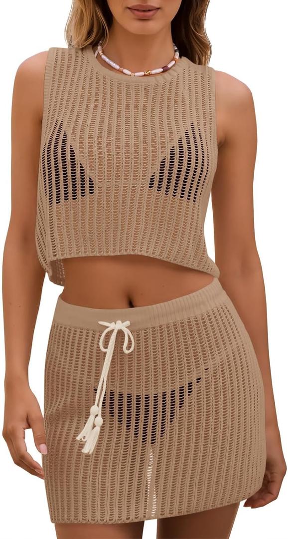 Fisoew Womens 2 Piece Crochet Sets Sleeveless Crop Tops Cover Up Beach Mini Skirt Outfits Vacation Sets, L