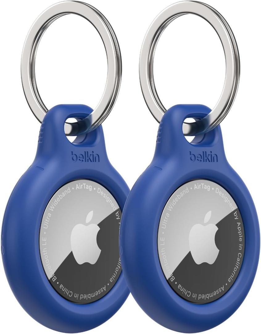 Belkin Apple AirTag Secure Holder with Key Ring, Durable Scratch Resistant Case With Open Face & Raised Edges, 2 count (Pack of 1) (Blue)