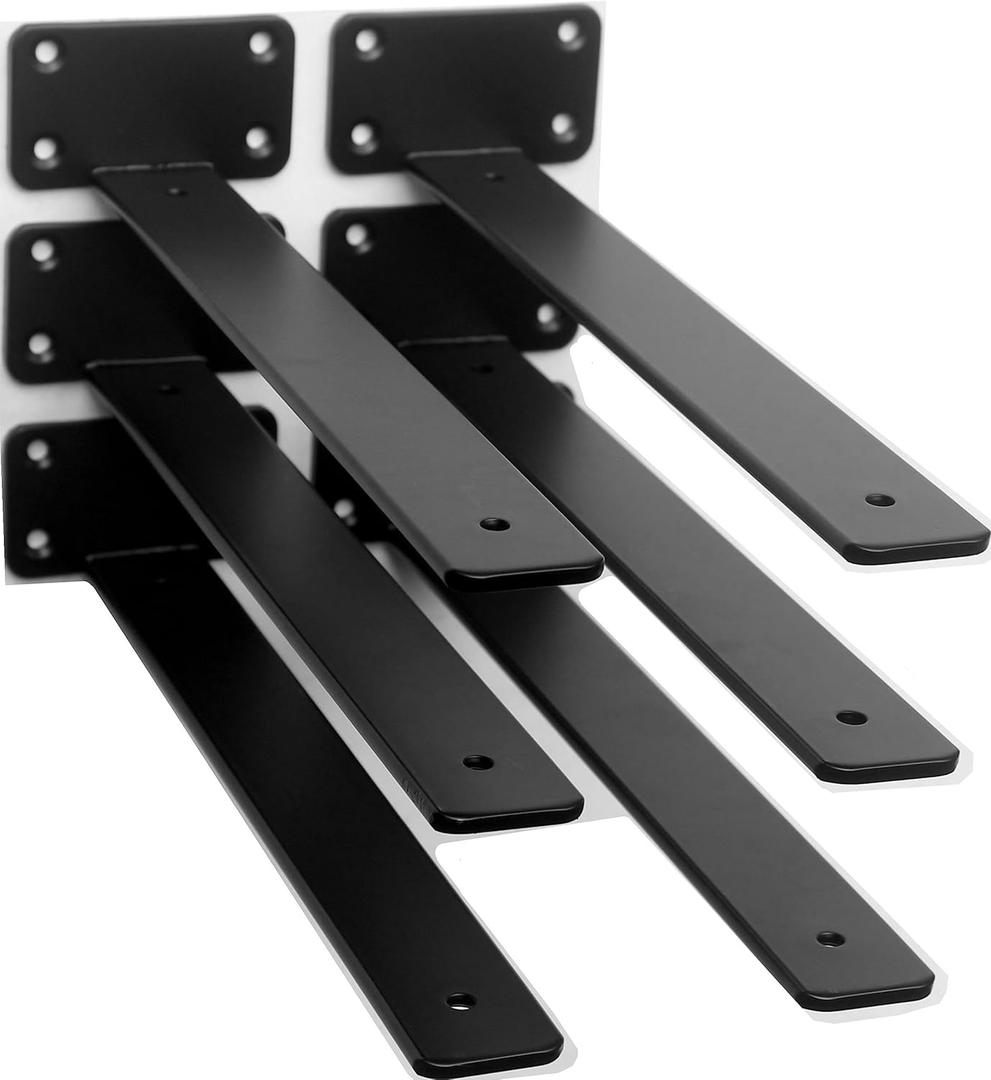 6 Pack - 12 inch Black Hidden L Shelf Bracket (1/5 Inch Thicked) Iron Floating Shelf Brackets Rustic Industrial Metal Brackets for Shelf Support