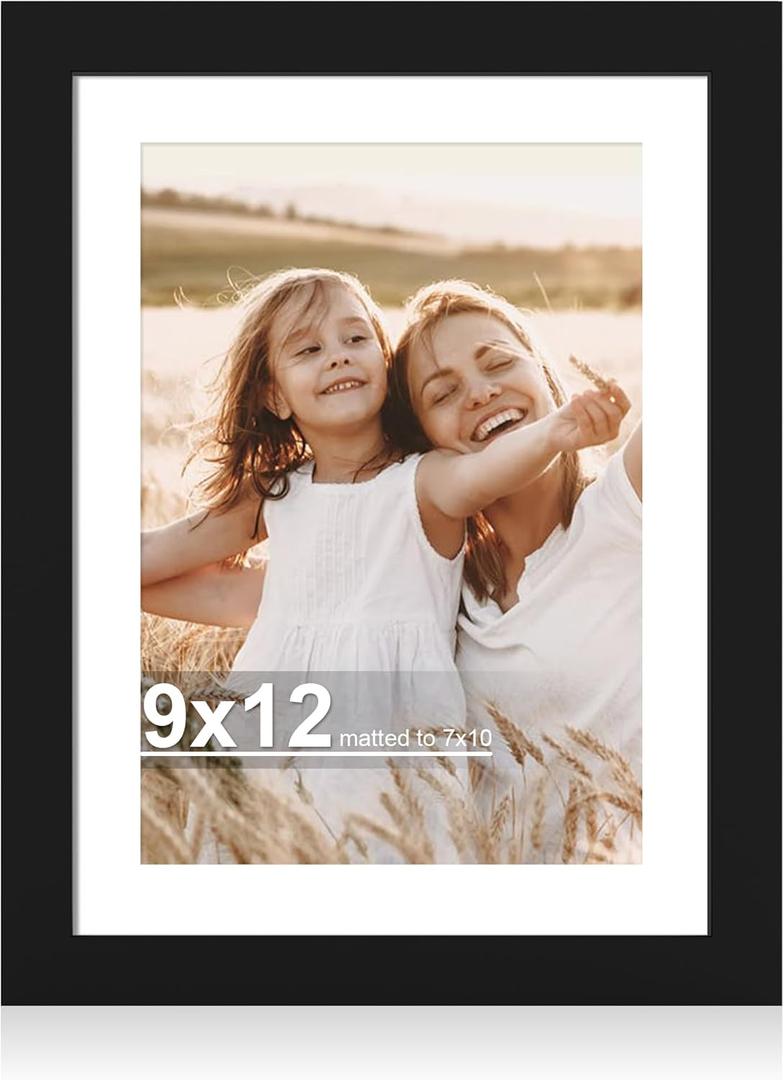 Hongkee 9x12 Picture Frame with Glass, Display Pictures 7x10 with Mat or 9 x 12 without Mat - Wall and Tabletop, 9 by 12 Photo Wooden Frames (Black, 1 Pack)