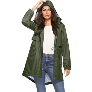 Avoogue Womens Raincoats Waterproof Cinch Waist Breathable All Weather Jacket Long (Large, Army Green)