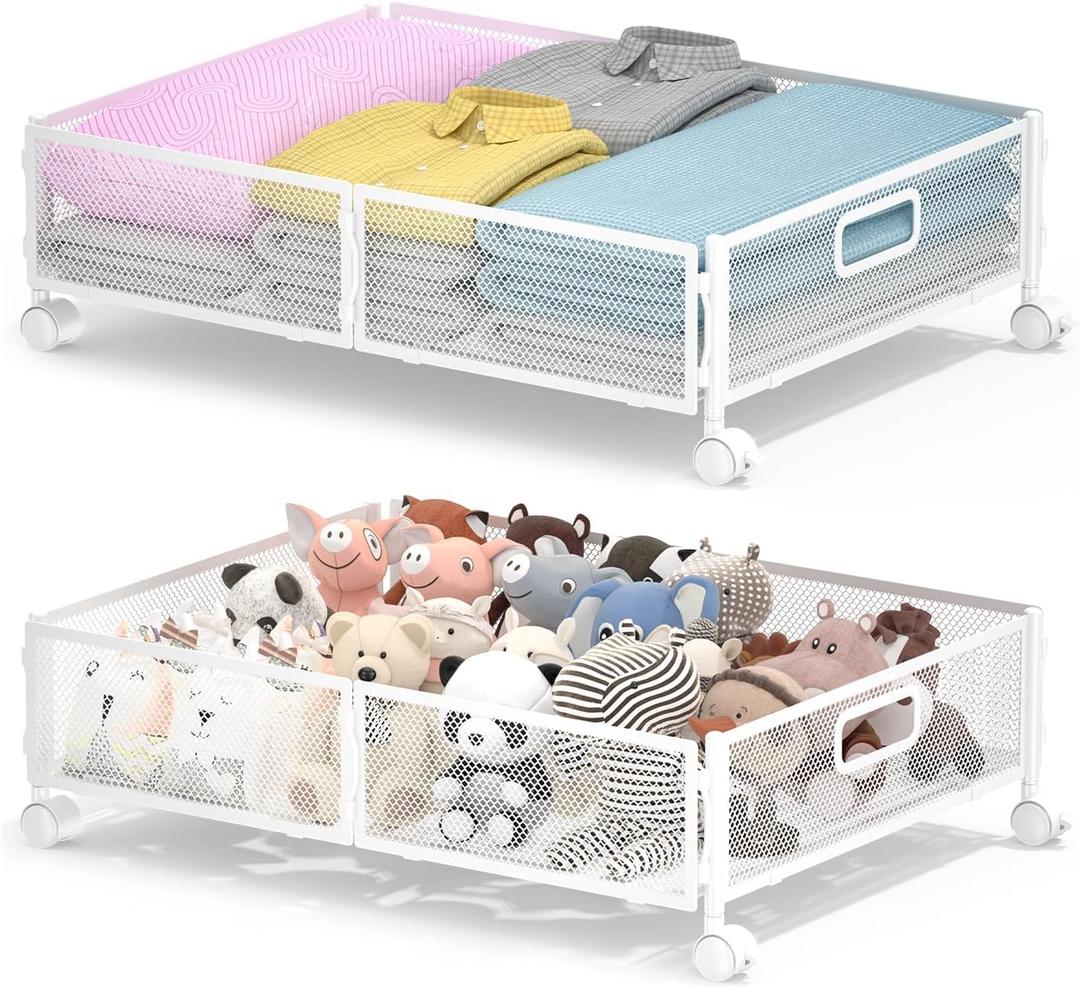 ABCASTER Under Bed Storage with Wheels, Rolling Under Bed Storage Bins for Shoes Clothes, Foldable and Easy Mobility (2 Pack, White)