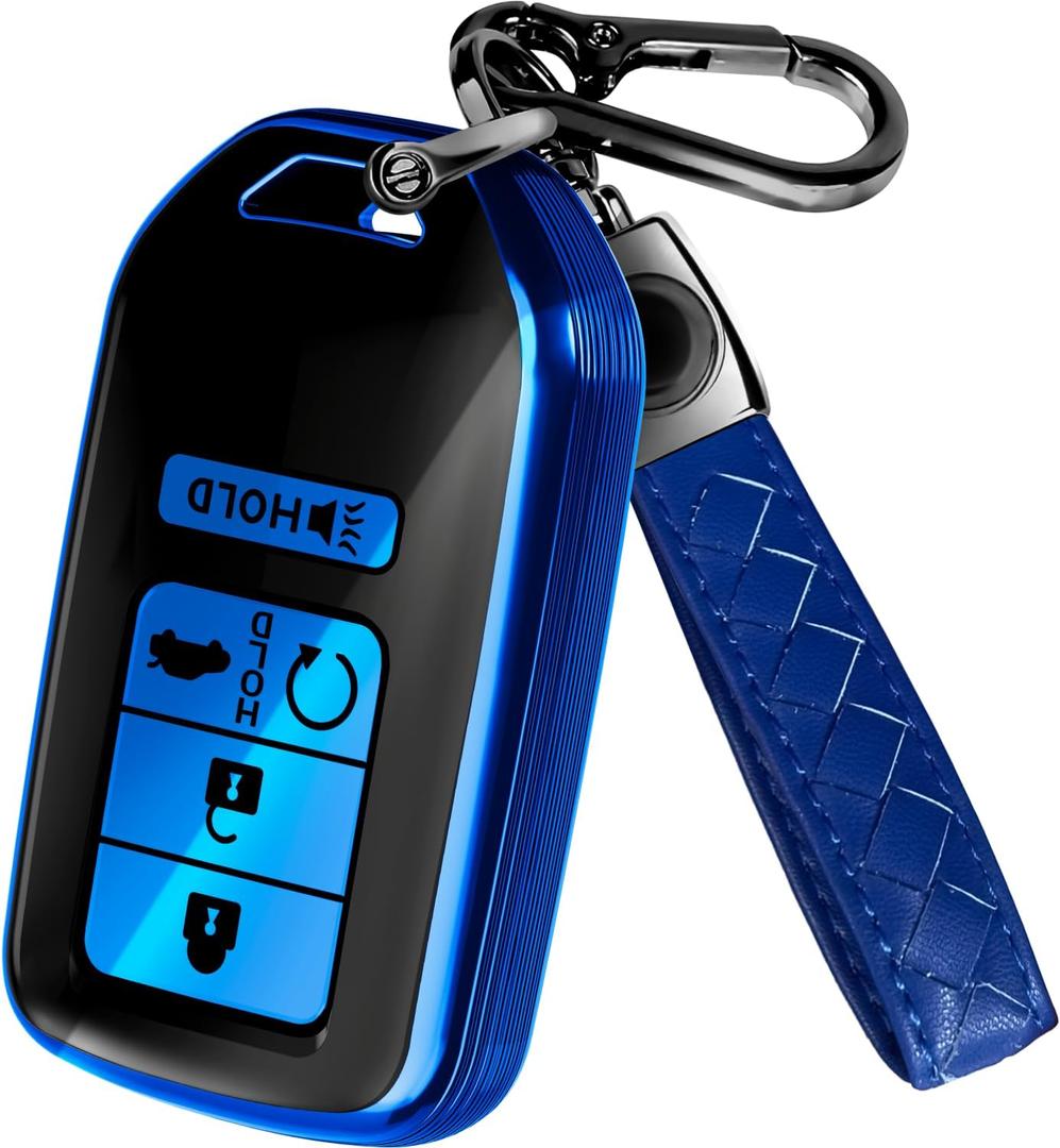 Lucrum Compatible with Honda Key Fob Cover & Leather Keychain - TPU Keyfob Case for Accord Civic CR-V HR-V Pilot Ridgeline Crosstour Fit, For 5 Button Remote (2015-2021) - Blue and Black