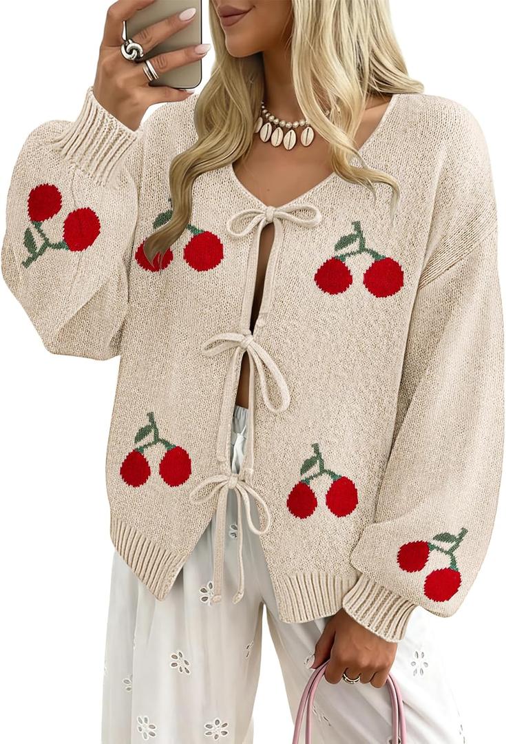 kipfall Womens Bow Tie Front Cardigan Sweaters Long Puff Sleeve Cute Print Jacket Coats 2026 Trendy Fall Winter Outfits (Beige, M)