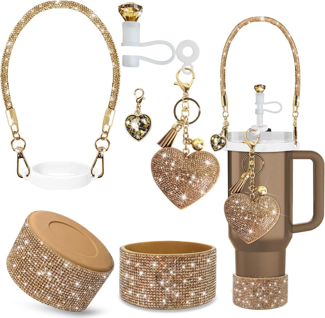6PCS Diamond Glitter Stanley Cup Accessories Set 30&40 Oz, Includes 1 Diamond Silicone Boot, 1 Diamond Handle Strap, 1 Straw Covers,1 Straw Adapters Charm Blank with 2 Glitter Charms (Gold)