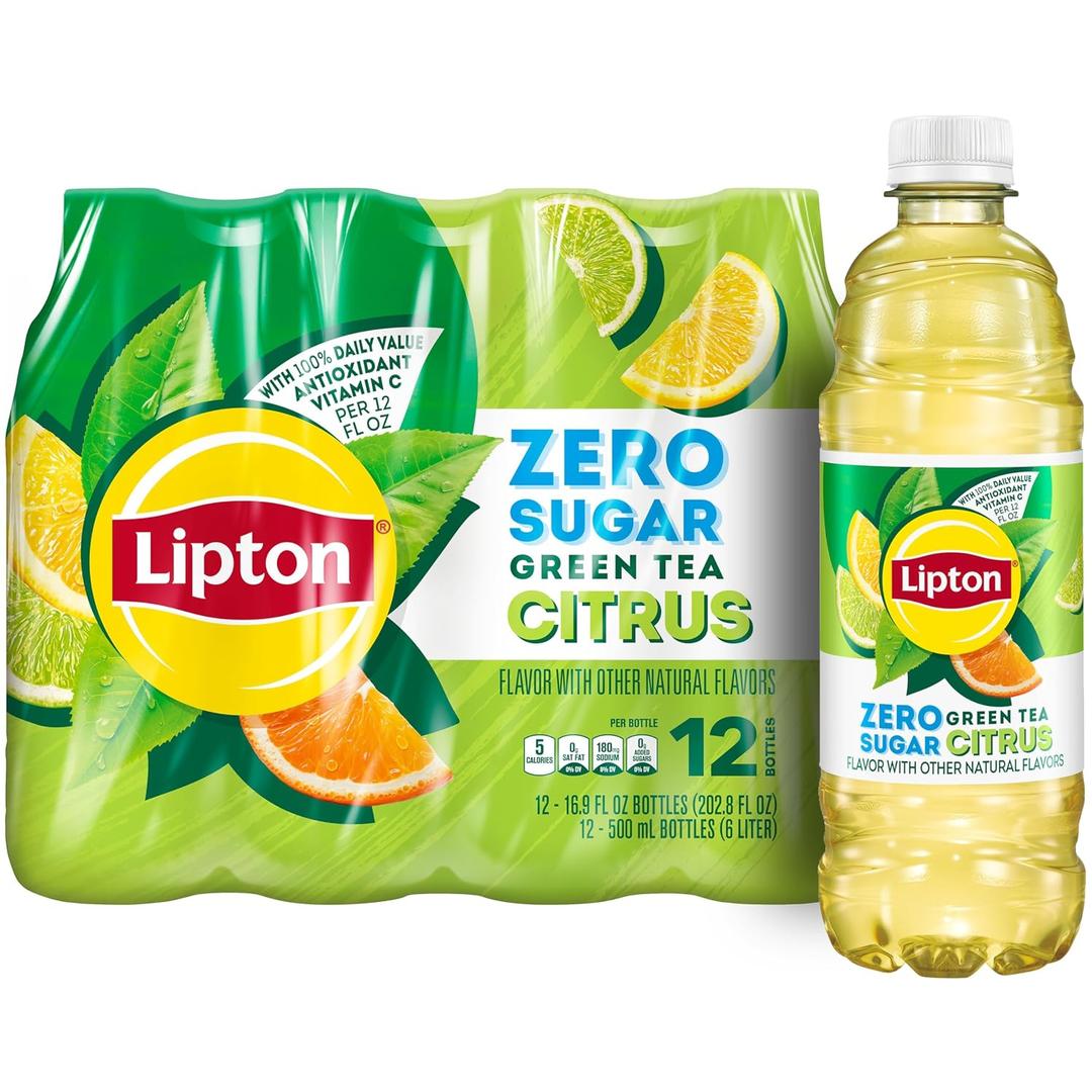 Lipton Zero Sugar Iced Tea, Green Tea Citrus, 16.9 fl oz Bottles, (12 Pack), 100% DV Vitamin C (EXP 08/10/26)