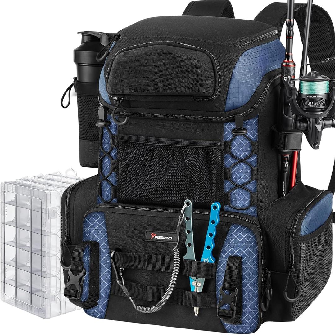 Piscifun Fishing Tackle Backpack with Rod Holders & 4 Tackle Boxes, 42L Outdoor Fishing Bag with Waterproof Rain Cover (Black)
