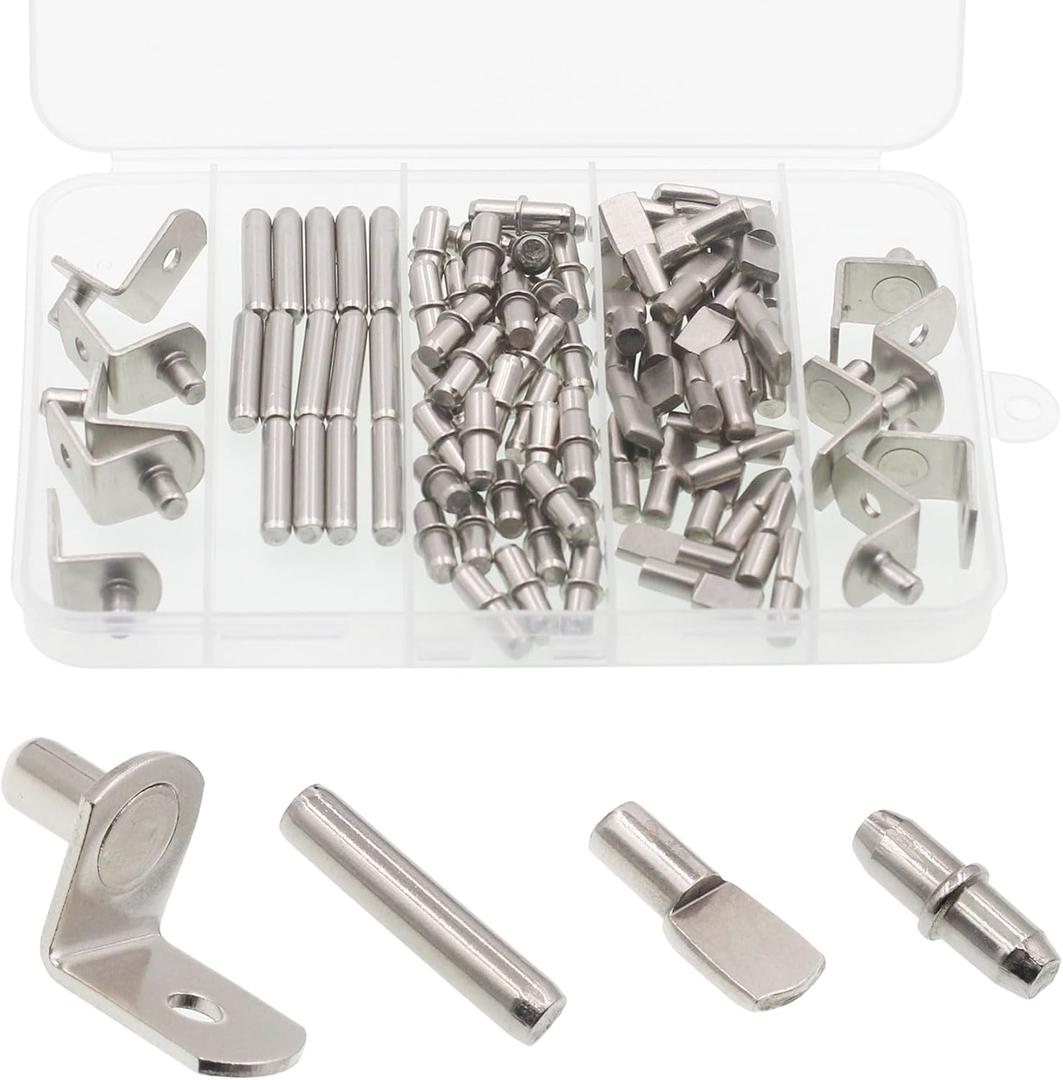 Shelf Support Pegs Kit, 94 Pcs 4 Styles Shelf Pegs, 5mm Nickel Plated Cabinet Shelf Bracket Pegs, Shelf Pins Holders for Bookcase Kitchen Closet Shelf Shelves Furniture Cabinet