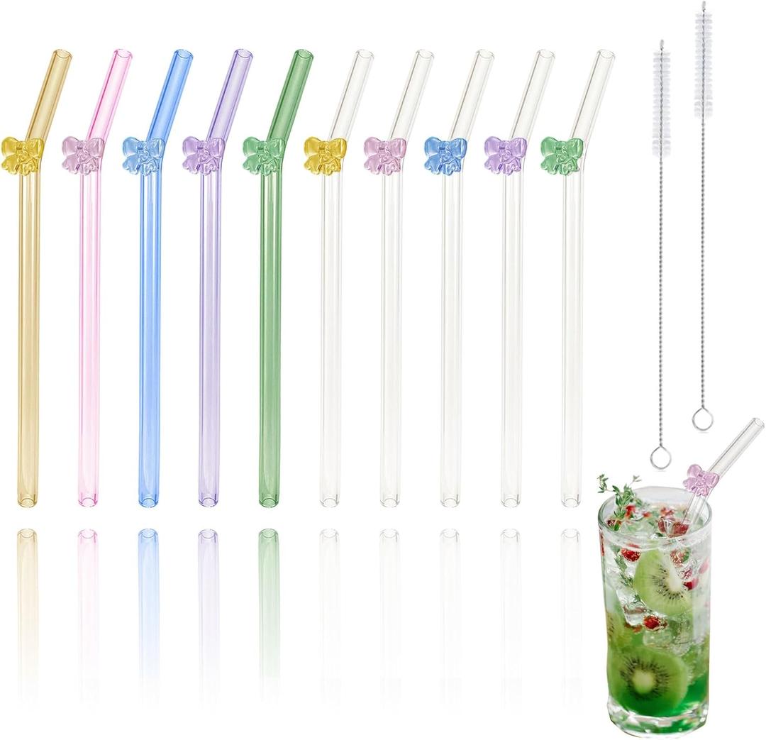 Ribbon Reusable Glass Straws with Charms, Cute Bow Shaped Charm Glass Straw with Cleaning Brush for Coffee, Smoothies, Milkshake, Frozen Drinks, Tea, Juice,Aesthetic Gift