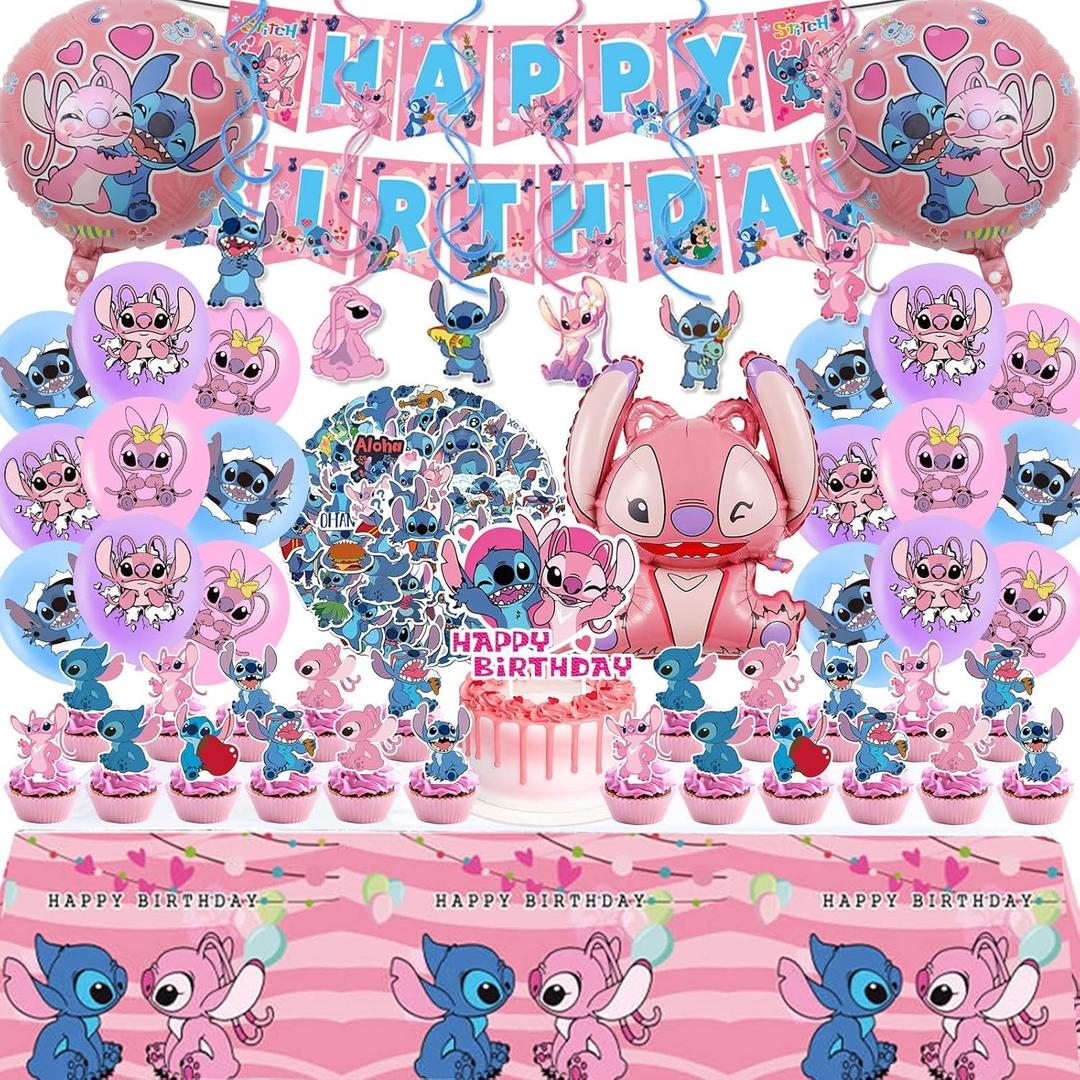 Stitch Party Supplies, 101PCS Birthday Decorations Set Include Banner, Balloons, Stickers, Hanging Swirls, Cake Cupcake Toppers, Tablecloth for Girls Pink Stitch Theme Party (10 Packs)