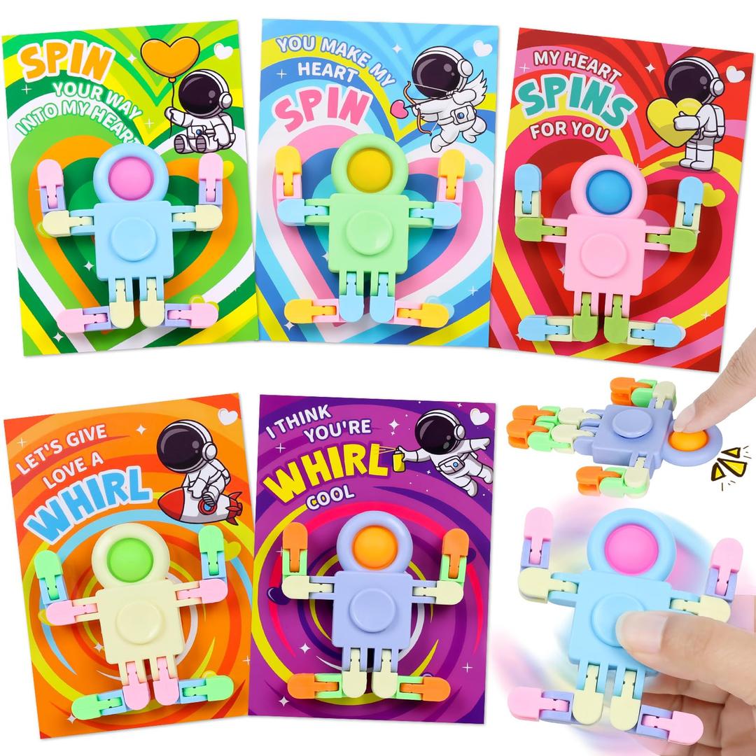 Valentines Day Gifts for Kids, 30 Pack Astronaut-Shaped Fidget Spinner POP Toys with Greeting Card for Kids Classroom Exchange, Valentine Prizes for Boys Girls School Party Favor