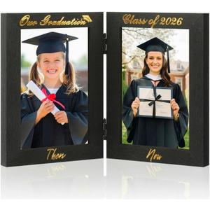 Amyhill Graduation Frame Class of 2026 Decor Then and Now Picture Frame Double 4x6 Photos Foldable Wooden Graduation Gift for College High School Graduate Party Decoration Keepsake