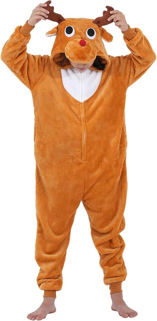 Halloween Christmas Unisex Kids Flannel Cosplay Onesie Costume Outfit Suit for Girls and Boys (10 Years, Brown Reindeer)
