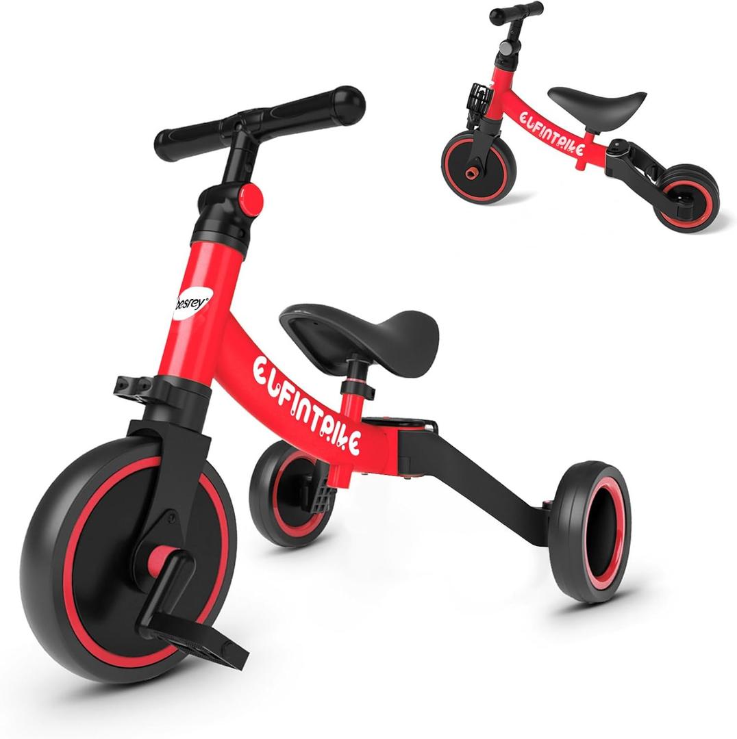 besrey 5 in 1 Toddler Bike for 1 Year to 4 Years Old Kids, Toddler Tricycle Kids Trikes Tricycle, Toys for Boy & Girl, Balance Training, Removable Pedals, Red