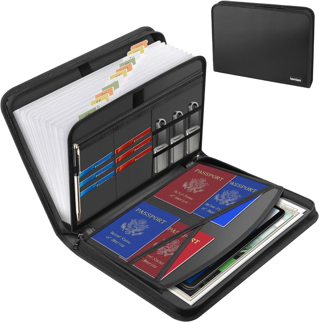 Hontom Accordion File Organizer,13 Pockets Fireproof Expanding File Folder with Multi Pockets,Portable Business Fire Safe Storage Document Organizer Folder with Zipper for Documents and File (Black)