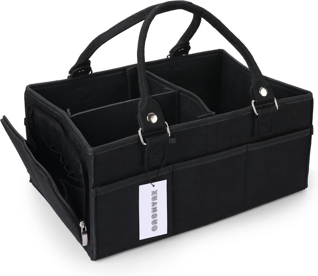 XUANGUO Baby Diaper Caddy Organizer for Girl Boy Large Nursery Storage Bin Basket Portable Holder Tote Bag for Changing Table and Car Baby Shower Gifts Newborn Essentials Must Haves Items, Black