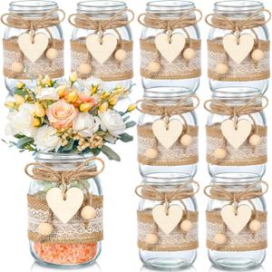 Mumufy 9 Sets Mason Jar Table Centerpiece with Lace Sleeves and Heart Shaped Hemp Rope Rustic Mason Jar Vases Reception Engagement Party Bridal Shower Centerpieces Wedding Table Decorations