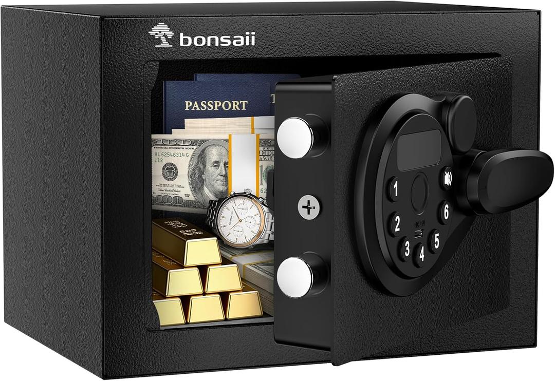 Bonsaii Safe Box with Electronic Keypad, Steel Security Lock Box with Key, 0.23 Cubic Feet, 9.06" W x 6.69" D x 6.69" H, Small Hidden Safe for Cash Jewelry
