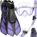Snorkeling Gear for Adults Men Women,4 in 1 Snorkel Set with Panoramic View Diving Mask Anti-Fog Anti-Leak,Dry Top Snorkel,Fins and Travel Bag for Swimming,Snorkeling and Travel Diving (Small-Medium, PURPLE)