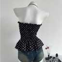 WDIRARA Women's Polka Dots Smocked Ruffle Tube Top Tie Front Strapless Bandeau Peplum Tops (Black, L)