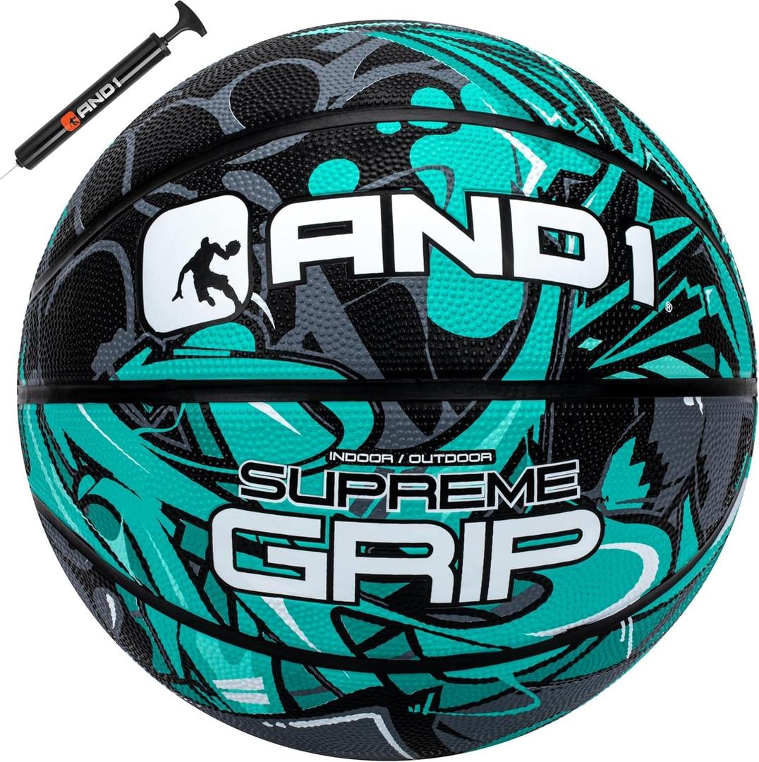 AND1 Supreme Grip Official Regulation Size 7 (29.5 inches) Rubber Basketball - Deep Channel Construction Streetball, Made for Indoor Outdoor Games (Teal/Black)