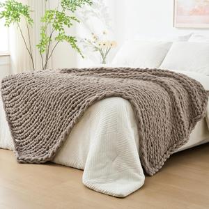 Bigacogo Chunky Knit Throw Blanket for Couch, 51x63 inches, 100% Hand Knitted with Thick Jumbo Chenille Yarn, Cozy Soft Large Rope Knot Cable Crochet Blankets for Sofa Bed Living Room, Taupe